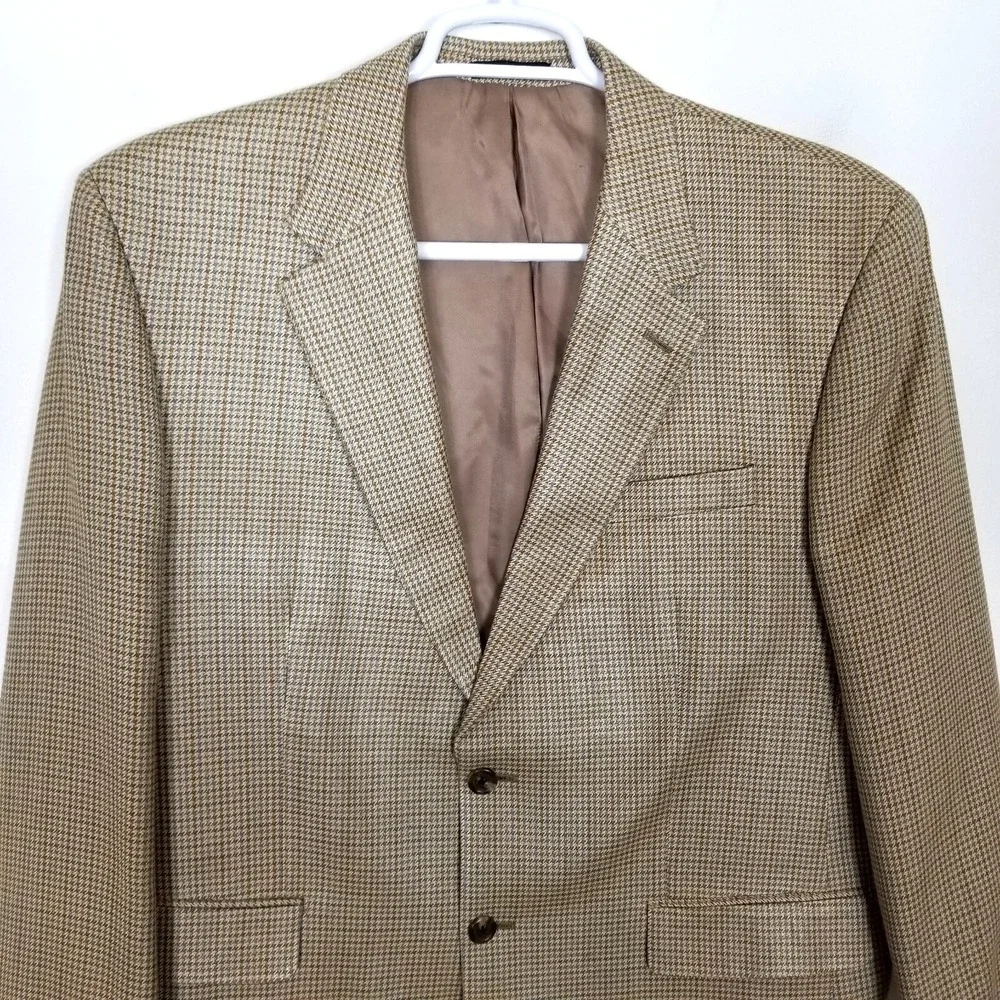 Chaps Men 100% Silk Houndstooth Blazer Jacket Sz 42 R‎ Beige Brown Sport Coat